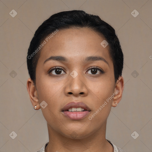 Joyful asian young-adult female with short  black hair and brown eyes