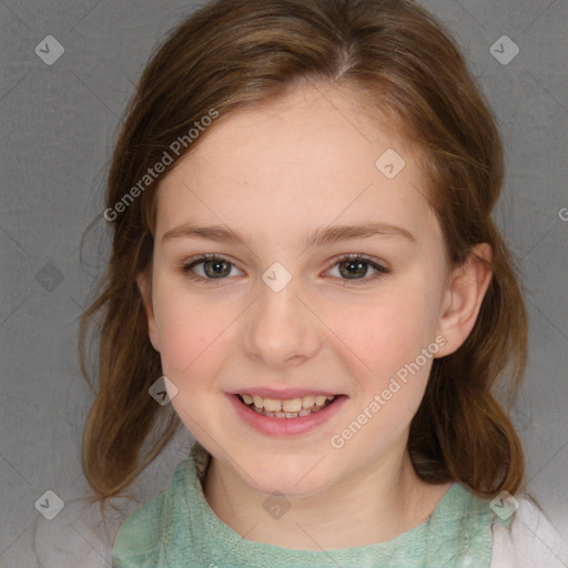 Joyful white child female with medium  brown hair and brown eyes