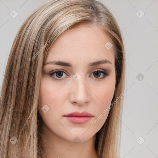 Neutral white young-adult female with long  brown hair and brown eyes