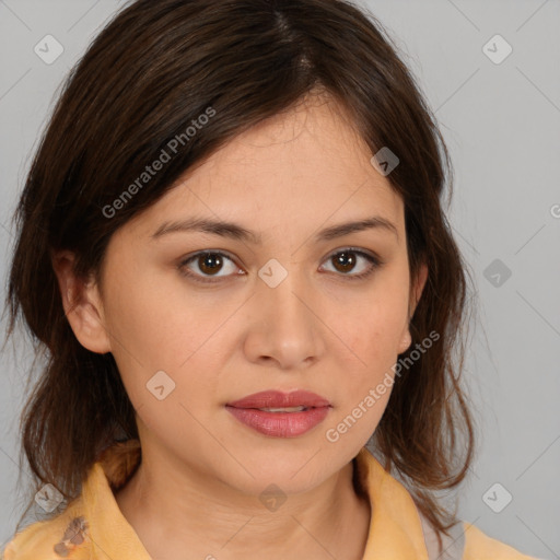 Neutral white young-adult female with medium  brown hair and brown eyes