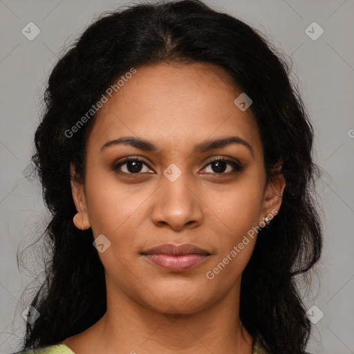 Joyful latino young-adult female with long  brown hair and brown eyes