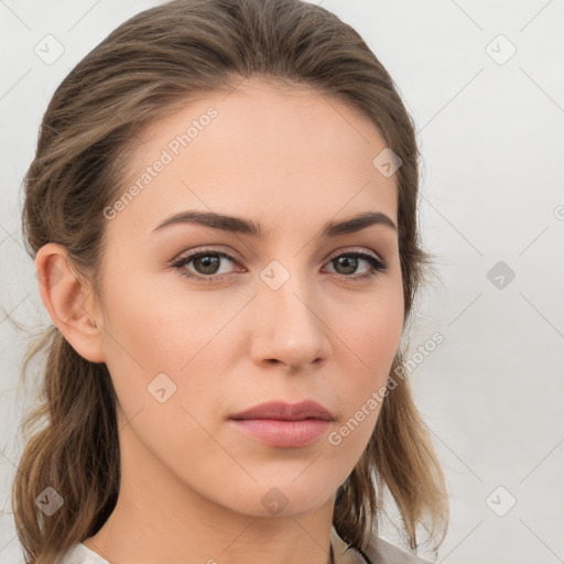 Neutral white young-adult female with medium  brown hair and brown eyes