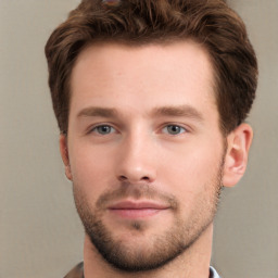 Neutral white young-adult male with short  brown hair and grey eyes