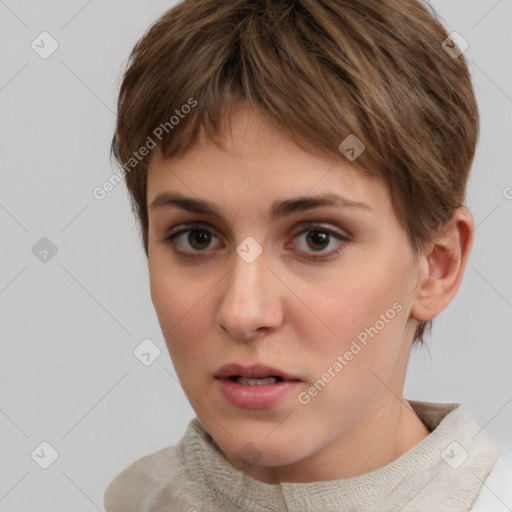 Neutral white young-adult female with short  brown hair and brown eyes