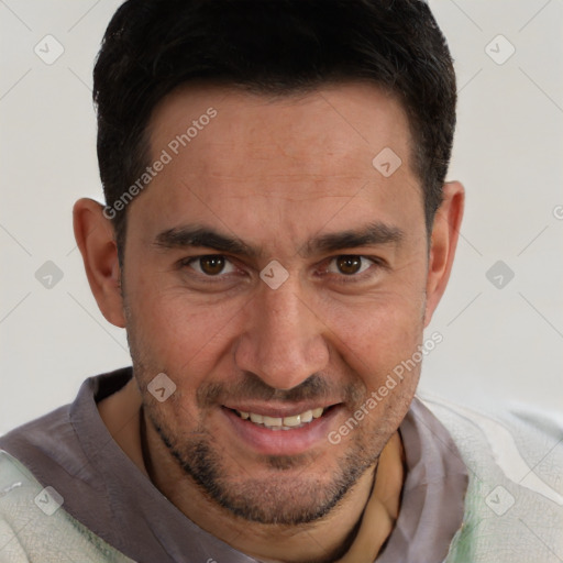 Joyful white adult male with short  brown hair and brown eyes