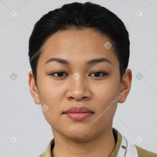 Joyful latino young-adult female with short  black hair and brown eyes