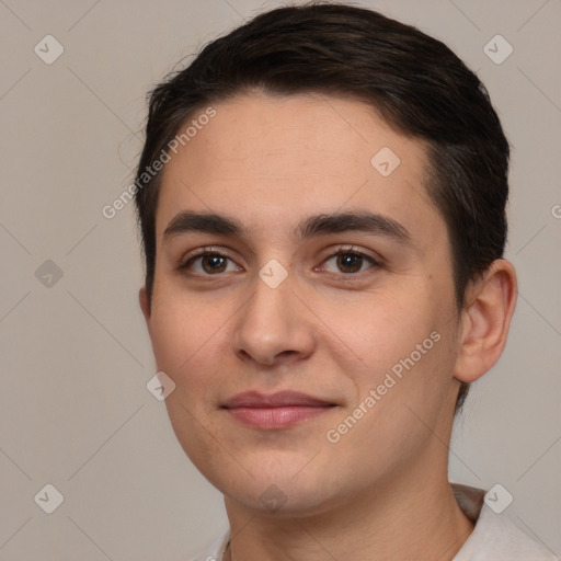 Joyful white young-adult male with short  brown hair and brown eyes