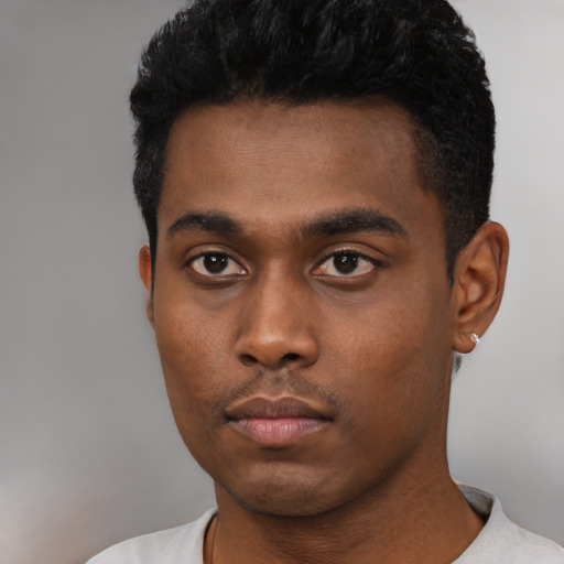 Neutral black young-adult male with short  black hair and brown eyes