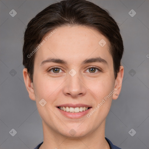 Joyful white young-adult female with short  brown hair and brown eyes