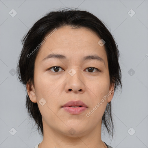 Neutral asian young-adult female with medium  brown hair and brown eyes