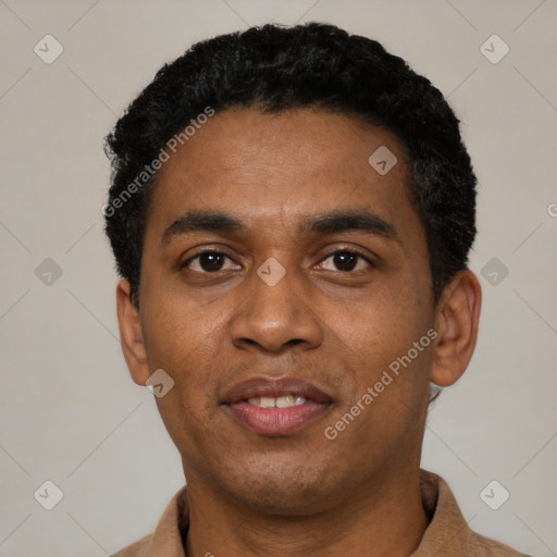 Neutral black young-adult male with short  black hair and brown eyes