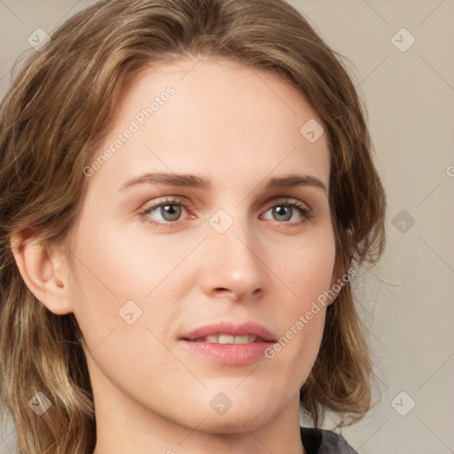 Neutral white young-adult female with medium  brown hair and green eyes