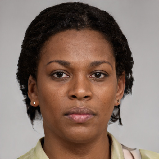 Neutral black young-adult female with short  brown hair and brown eyes
