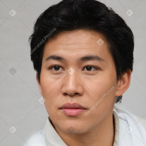 Neutral asian young-adult male with short  brown hair and brown eyes