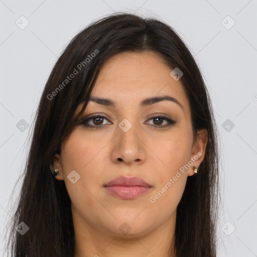 Joyful asian young-adult female with long  brown hair and brown eyes