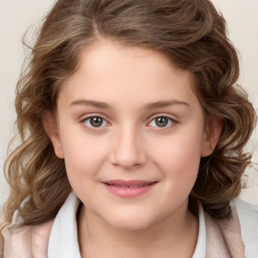 Joyful white child female with medium  brown hair and brown eyes