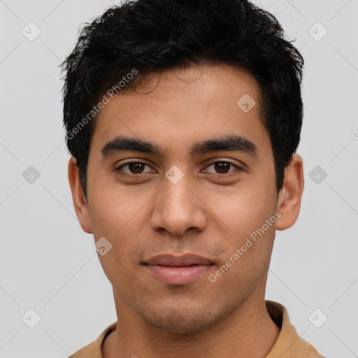 Neutral latino young-adult male with short  black hair and brown eyes