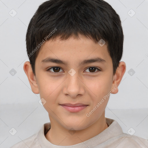 Joyful white child male with short  brown hair and brown eyes