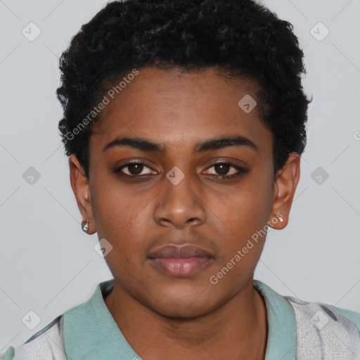 Neutral black young-adult female with short  black hair and brown eyes