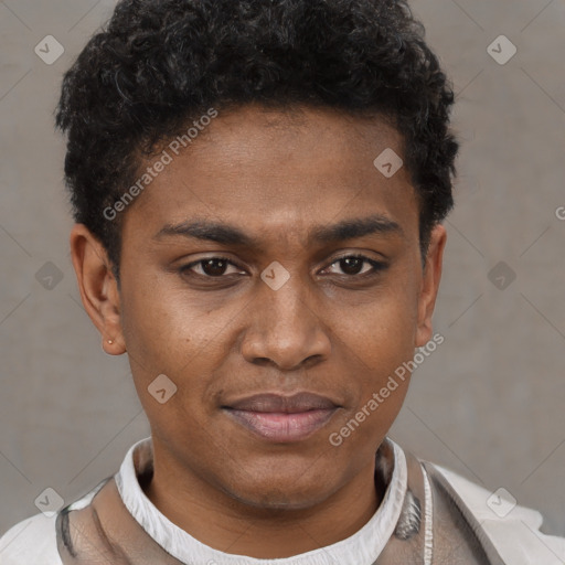 Joyful latino young-adult male with short  brown hair and brown eyes