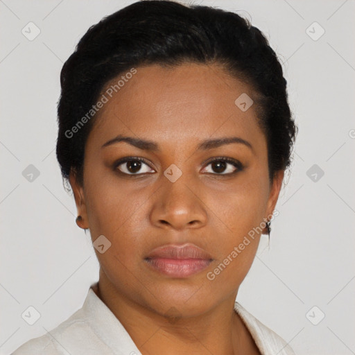 Neutral black young-adult female with short  black hair and brown eyes