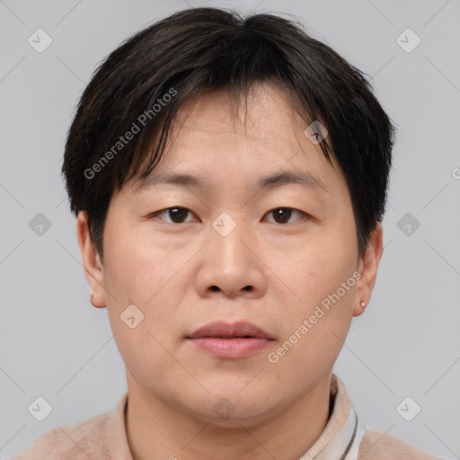 Neutral asian young-adult male with short  brown hair and brown eyes