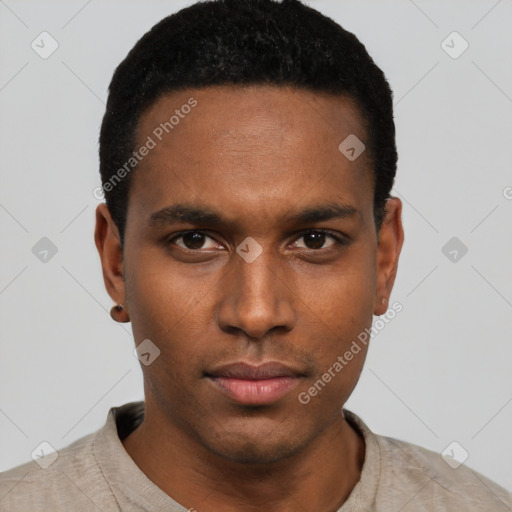 Neutral black young-adult male with short  black hair and brown eyes