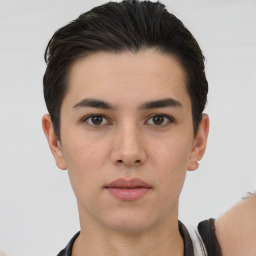 Neutral white young-adult male with short  black hair and brown eyes