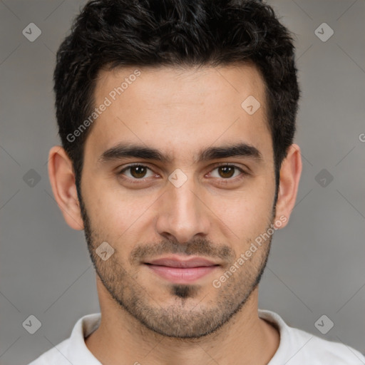 Joyful white young-adult male with short  black hair and brown eyes