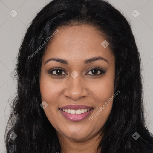 Joyful latino young-adult female with long  black hair and brown eyes