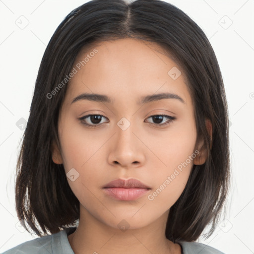 Neutral asian young-adult female with long  brown hair and brown eyes