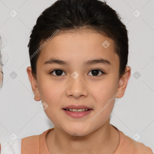 Joyful white child female with medium  brown hair and brown eyes