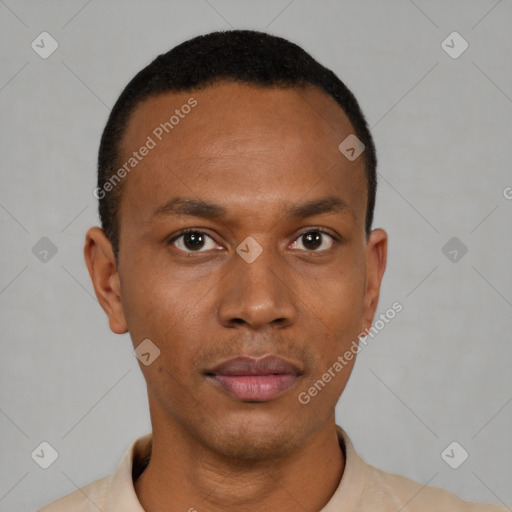 Neutral black young-adult male with short  black hair and brown eyes