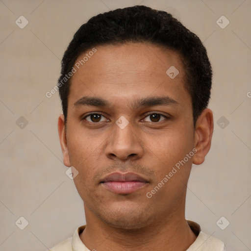 Neutral latino young-adult male with short  black hair and brown eyes