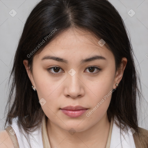 Neutral white young-adult female with medium  brown hair and brown eyes