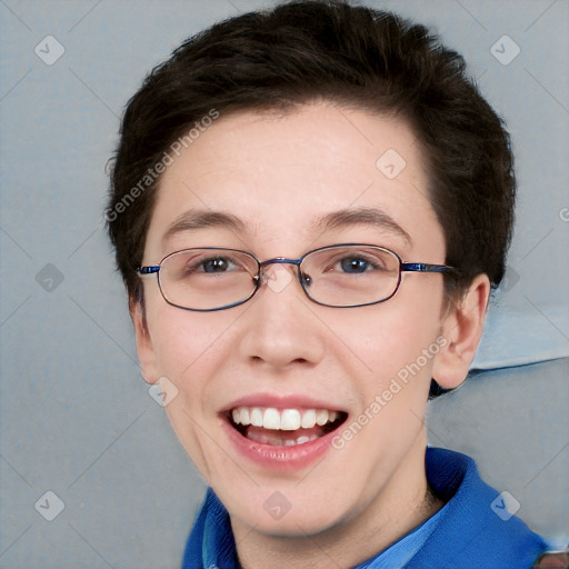 Joyful white young-adult female with short  brown hair and blue eyes