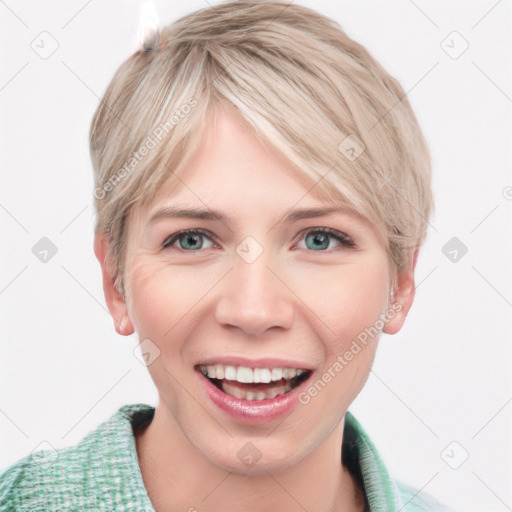 Joyful white young-adult female with short  brown hair and blue eyes