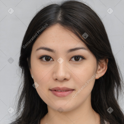 Joyful asian young-adult female with long  brown hair and brown eyes