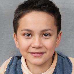 Joyful white child female with short  brown hair and brown eyes