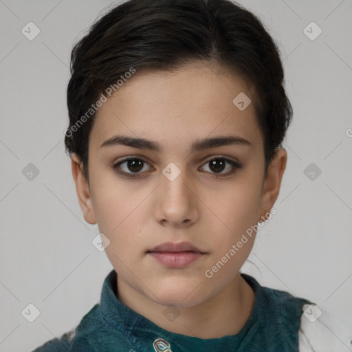 Neutral white young-adult female with short  brown hair and brown eyes