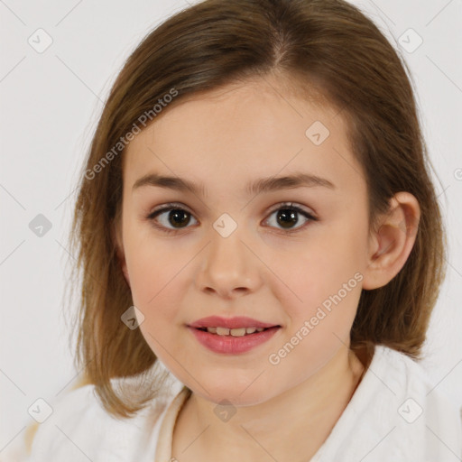 Joyful white child female with medium  brown hair and brown eyes