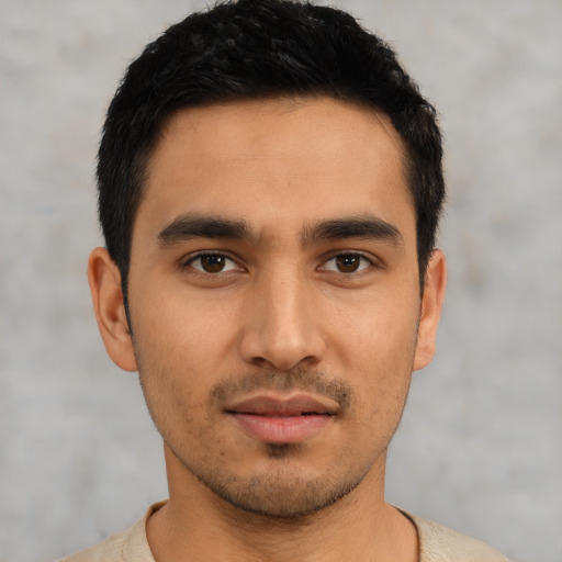 Neutral asian young-adult male with short  black hair and brown eyes