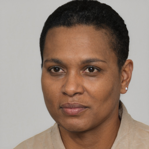 Neutral black young-adult female with short  black hair and brown eyes
