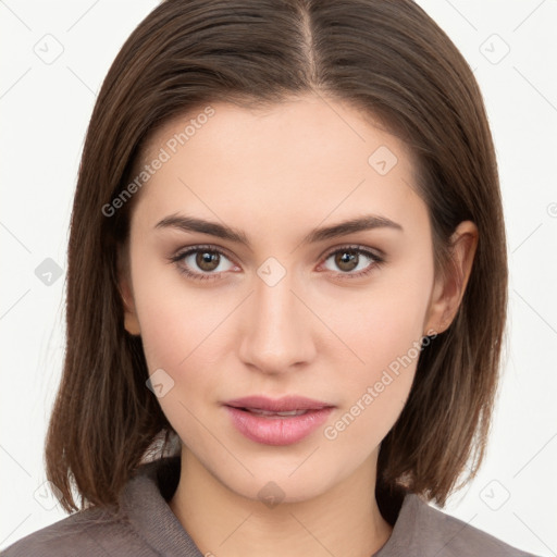 Neutral white young-adult female with long  brown hair and brown eyes