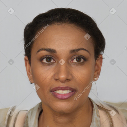 Joyful latino young-adult female with short  brown hair and brown eyes