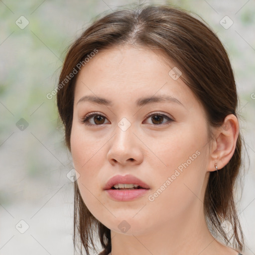 Neutral white young-adult female with medium  brown hair and brown eyes