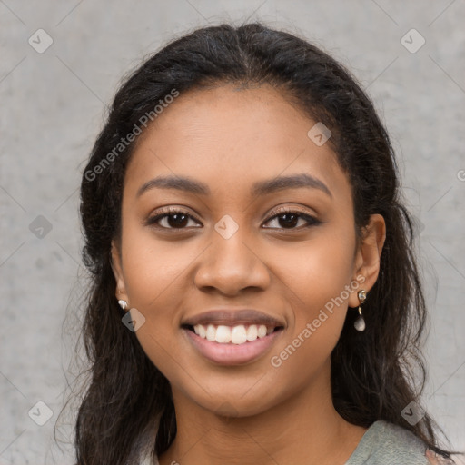 Joyful latino young-adult female with long  brown hair and brown eyes