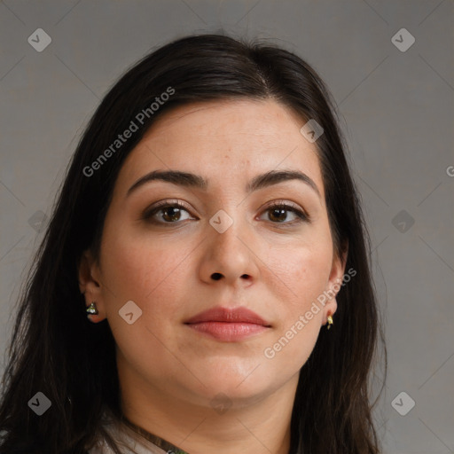 Neutral white young-adult female with long  brown hair and brown eyes