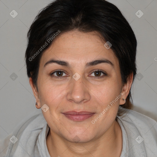 Joyful white adult female with medium  brown hair and brown eyes