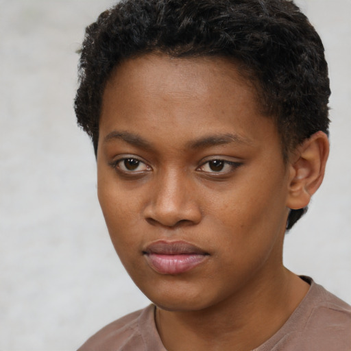 Neutral black young-adult female with short  brown hair and brown eyes